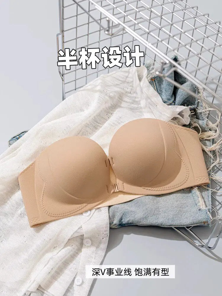 Strapless Bra  Sexy Front Fastening Non-Slip Invisible Backless Push-Up Bra Padded Add 2 Cups Lift Bralette for Wedding Party