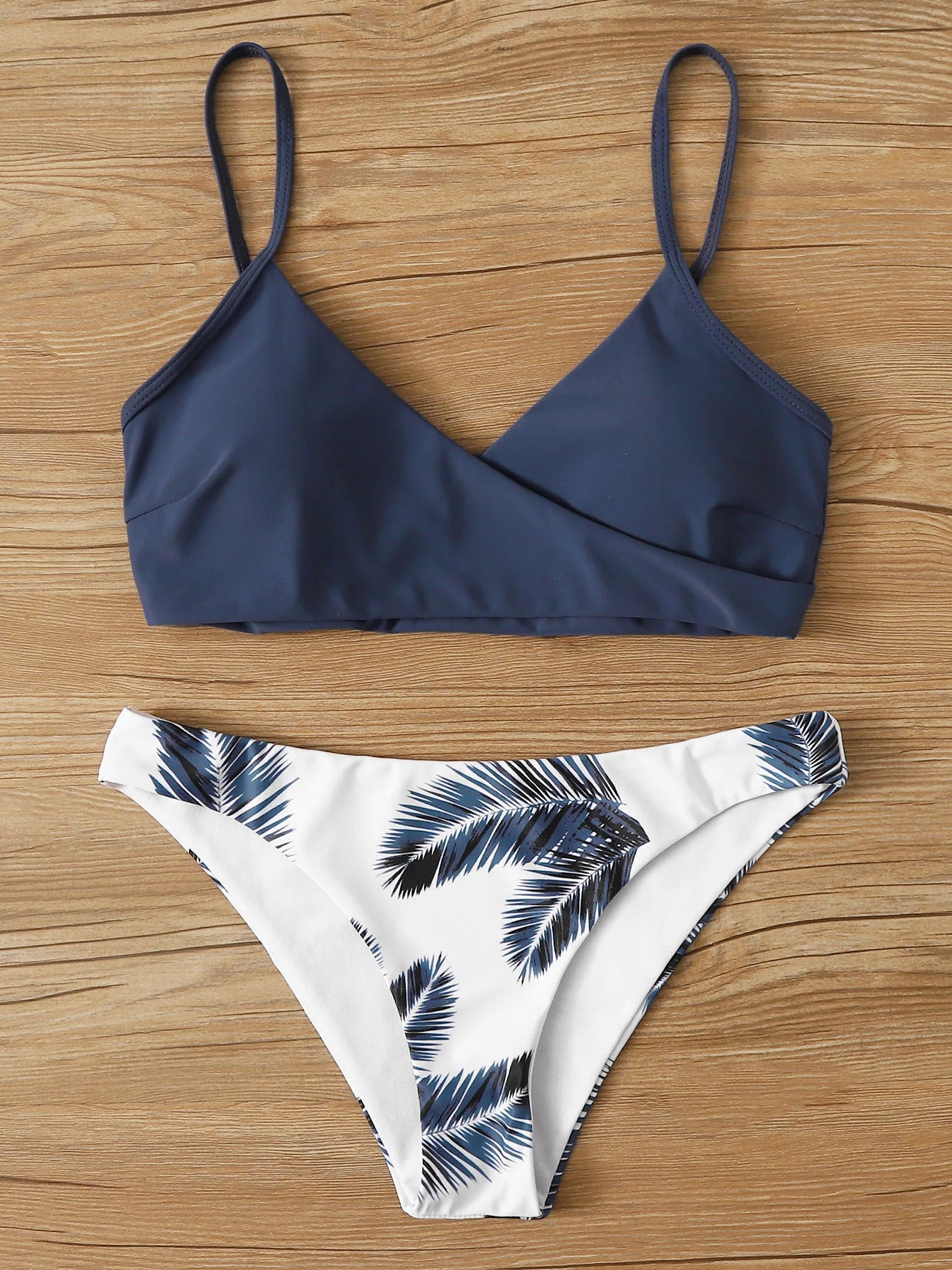 Women's Wrap V Neck Bikini Set - Solid Top & Tropical Palm Print Bottom, Spaghetti Straps High Cut Two Piece Swimsuit for Beach