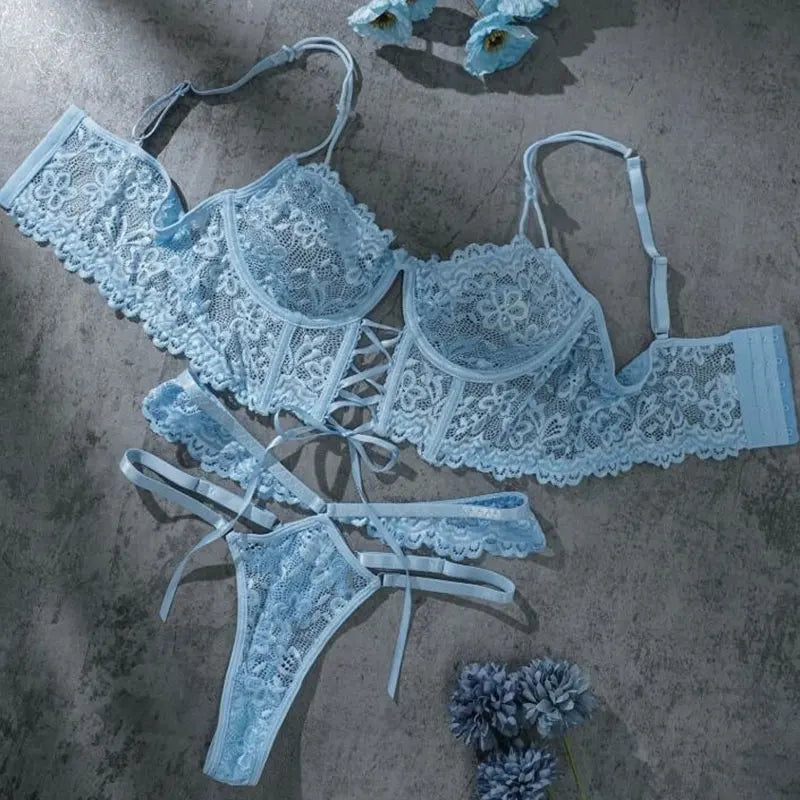 Erotic Lingerie Sexy Lace Underwear 2-Piece Bra Kit Push Up See Through Intimate  Bandage Bilizna Set Fancy Outfits