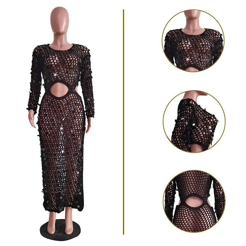 Sexy Party Dresses Sequined Crochet Knitted Beach Dress for Women Summer See-through Cover Up Bodycon Maxi Dress Vacation Club