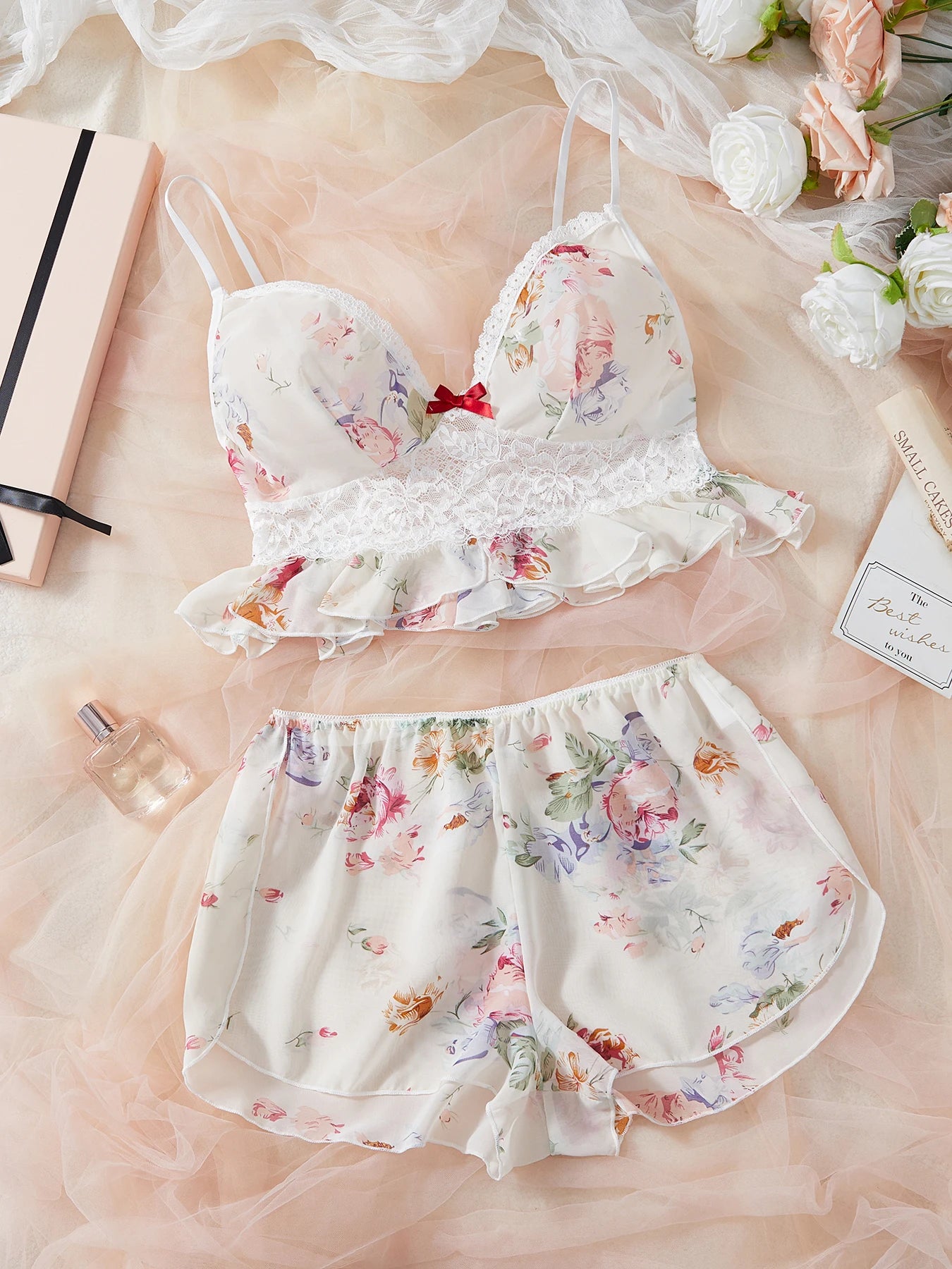 Plus Size Floral Lingerie Set - Chiffon Camisole with Lace Trim, Ruffled Shorts, Romantic Flower Print, Soft & Breathable. sexy