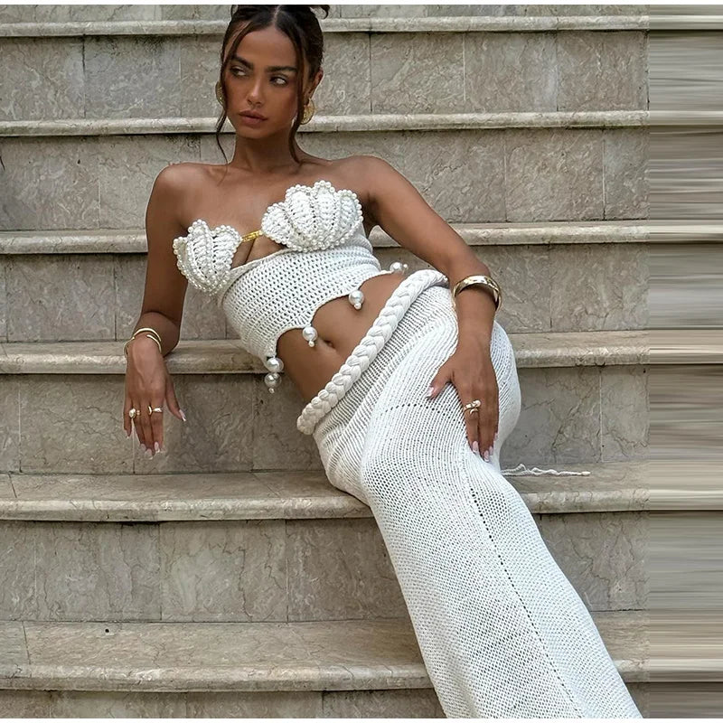 Sexy Crochet Hollow Out Pearl Skirt Set Women White Crop Bikini Tops Slim Hip Package Skirts 2026 Spring Lady Beach Outfits New