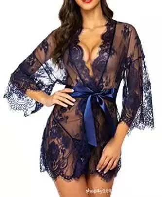 Plus Size Women Sexy Lingerie Robe  Porno Sleepwear Nightgown Lace See Through Dress Transparent Babydoll Erotic Nightwear Set