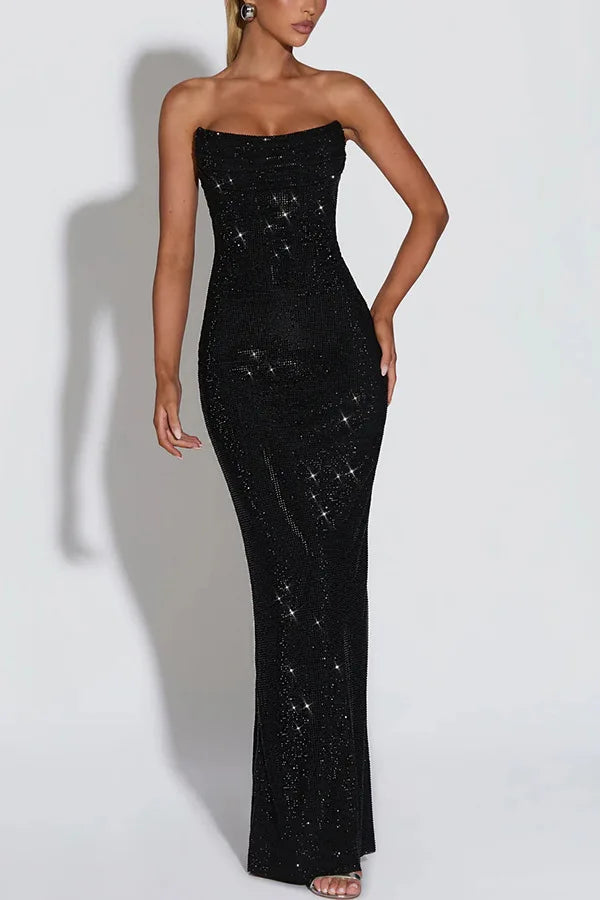 Sexy Socialite Sequin Tube Top Evening Dress Folds Low Cut Backless Leace-up Package Hip Slim Party Dresses Banquet Vestidos