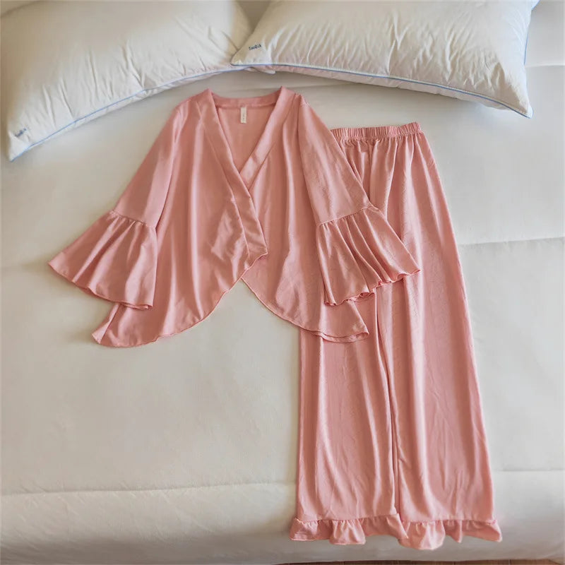 Pajama Set Woman New Chest Pad Sleepwear Ladies Night Wear Clothes Long Sleeve Trousers Suit Cotton Home Pijama De Mujer 3 Pcs
