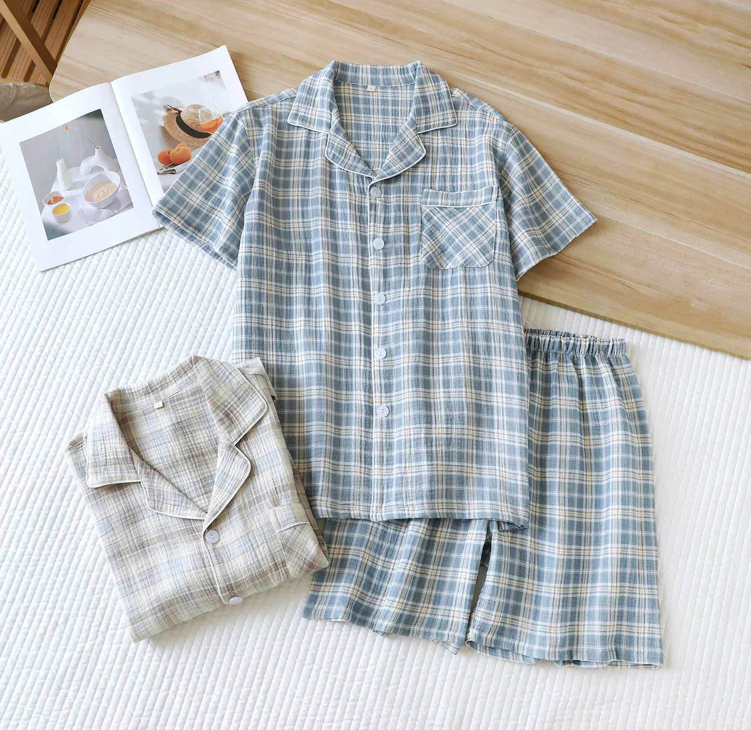 Men's 2-Piece Pajama Set - Japanese Plaid Sleepwear, Cotton Gauze Short Sleeve & Shorts, Lightweight & Breathable Relaxed Fit, S