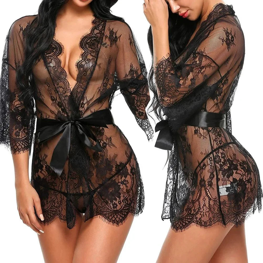 Women Sexy Lingerie Babydoll Erotic Transparent V-Neck Nightdress Robe G-string Costume Lace Sleepwear Dress