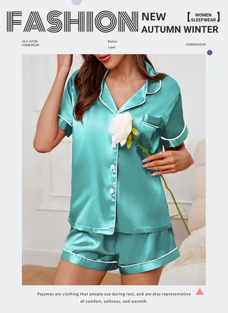 Women's Pajamas Set Summer Short Sleeve Button Down Top & Shorts Two-piece Pj Sets Sleepwear Loungewear Pyjama Femme Nightwear