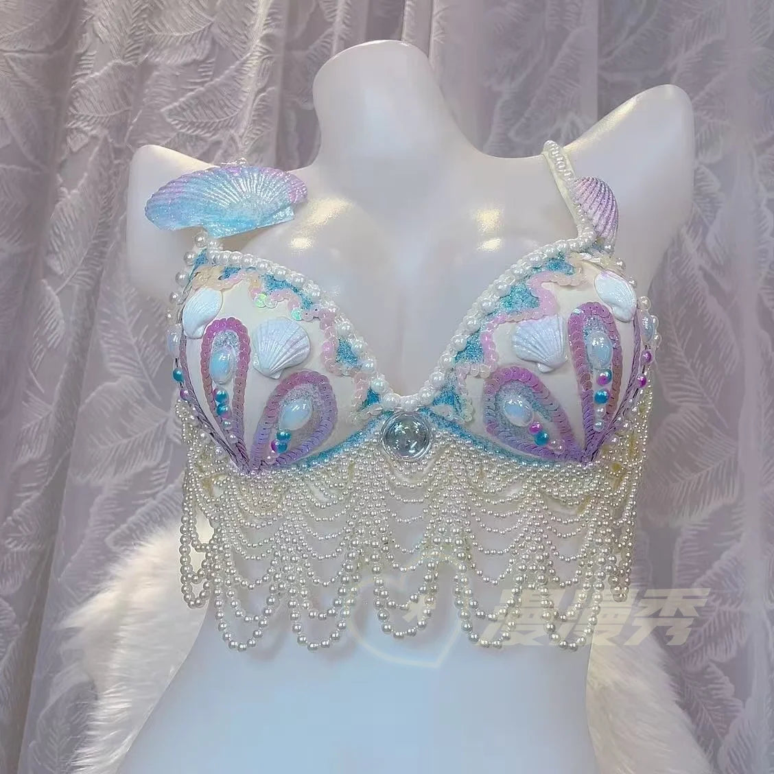 customized sparkling iridescent sequin shell bra pearl chain tassel pool party bra beach vacation pearl jacket belly dance bras