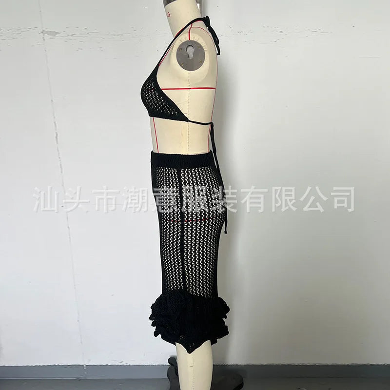 Sexy Women Bikini Two Piece Crochet Set Sleeveless Hollow Out Crop Top and Ruffled Skirt Outfit Summer Beach Knitted Cover Ups