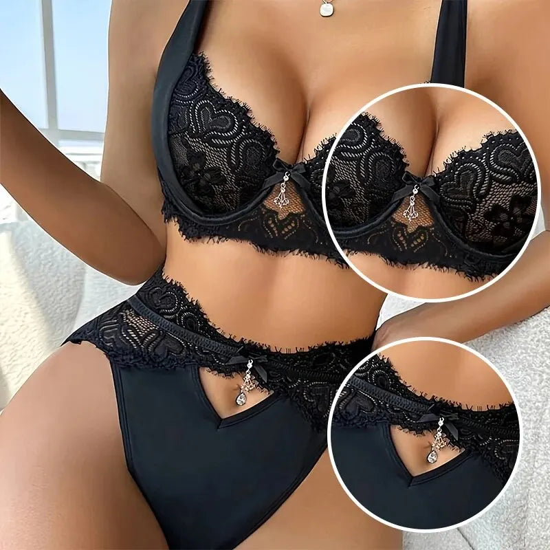 Women's Sexy Lace Lingerie Set with Black Lace Patchwork and Pendant Decoration for Women Sexy Bra Set