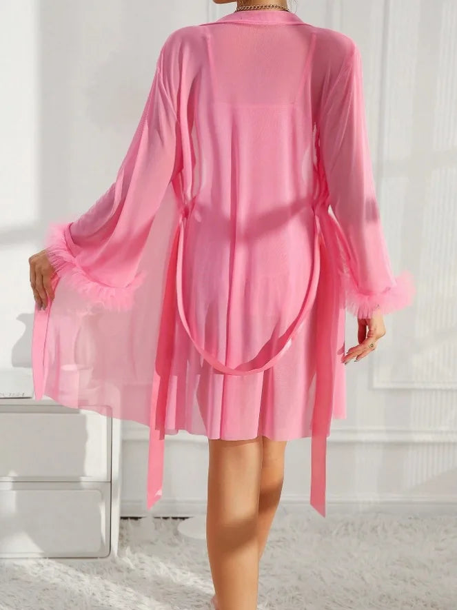 Women Sexy Robe Lingerie Set Lace V-neck Cami Dress with Transparent Mesh Night Gown Robe Nightwear Female Casual Sleepwear