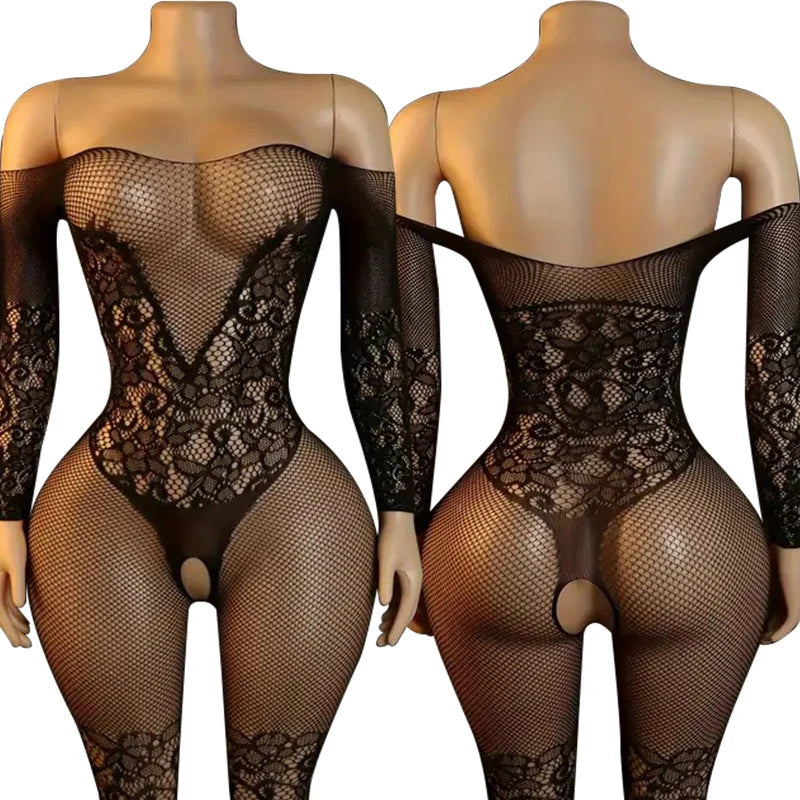 Sexy Crotchless Lingerie Full Sleeve Bodystockings Mesh Transparent Babydolls Underwear Erotic Fishnet Hollow Baby Dolls Dresses