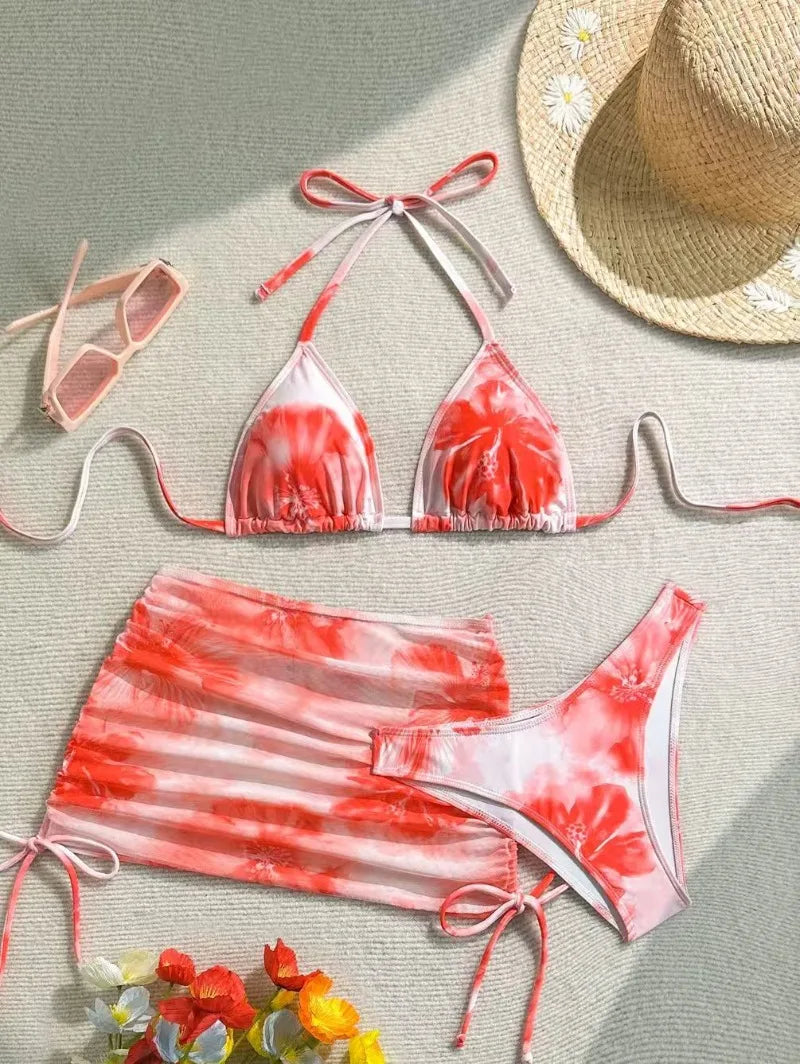 Sexy 3 Piece Bikini Set Women Printed Split Swimsuit Neck Strap Bathing Suit with Cover Up Skirt Swimwear Biquine Brasileiro