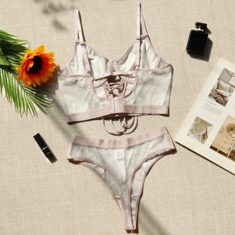 Sexy Fetish Lingerie Sets for Women 2 Piece Leather Sheer Mesh Corset Tops Bodysuit Exotic Underwear Bandage Push Up Bra Panties