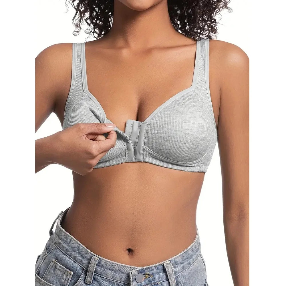 Women's Bra Wire-Free Front Closure Solid Color Full Coverage 3D Cups More Considerate for Middle-Aged And Elderly Individual