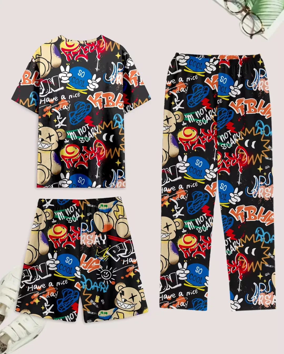 Men's casual pajama set of 3 pieces, bear-print short-sleeved T-shirt, shorts, and pants, comfortable summer clothing