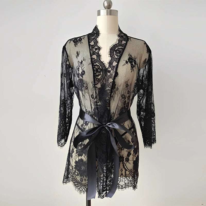 Lace Sleepwear Dress Robe Kimono Women Sexy Lingerie Transparent V-Neck Nightwear Babydoll Erotic Robe G-string Costume