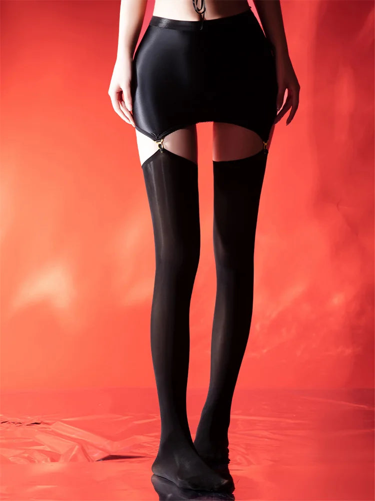 Sexy Women Elastic Tight Pencil Skirt Oil Glossy Shiny Micro Mini Packet Hip Skirts Cosplay Maid Wear With Garters Stockings