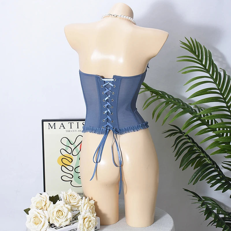 Women Sheer Lingerie Streetwear Lace-up Bustier Corset Tops Slim Backless y2k Tank Top Strapless Striped Sheath Sexy Camisole