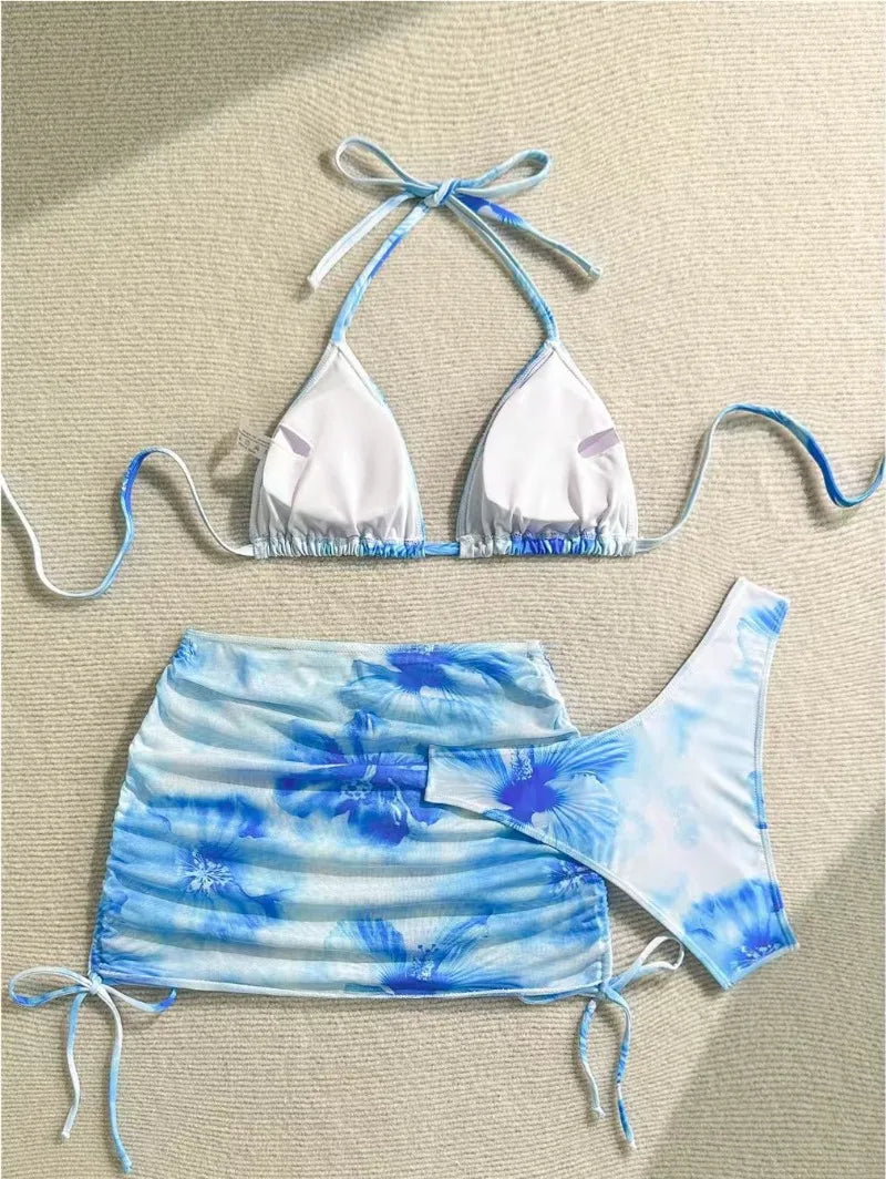 Sexy 3 Piece Bikini Set Women Printed Split Swimsuit Neck Strap Bathing Suit with Cover Up Skirt Swimwear Biquine Brasileiro