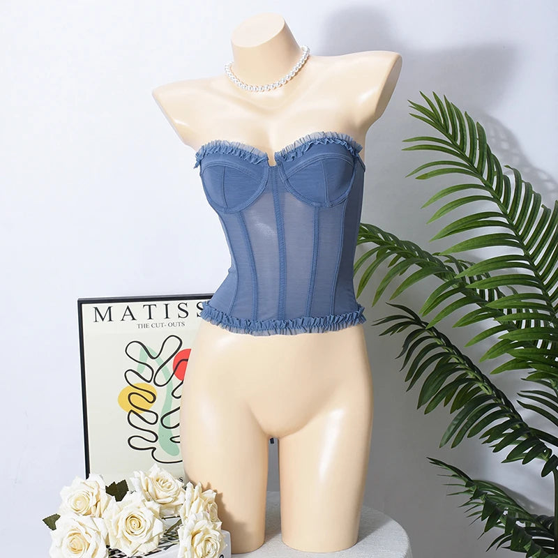 Women Sheer Lingerie Streetwear Lace-up Bustier Corset Tops Slim Backless y2k Tank Top Strapless Striped Sheath Sexy Camisole