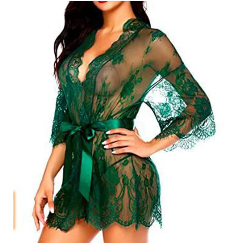 Sexy Women Lingerie Lace Night Dress Sleepwear Nightgown Bandage Deep V G-String See Through Sexy Sheer Sleep Dress Robe