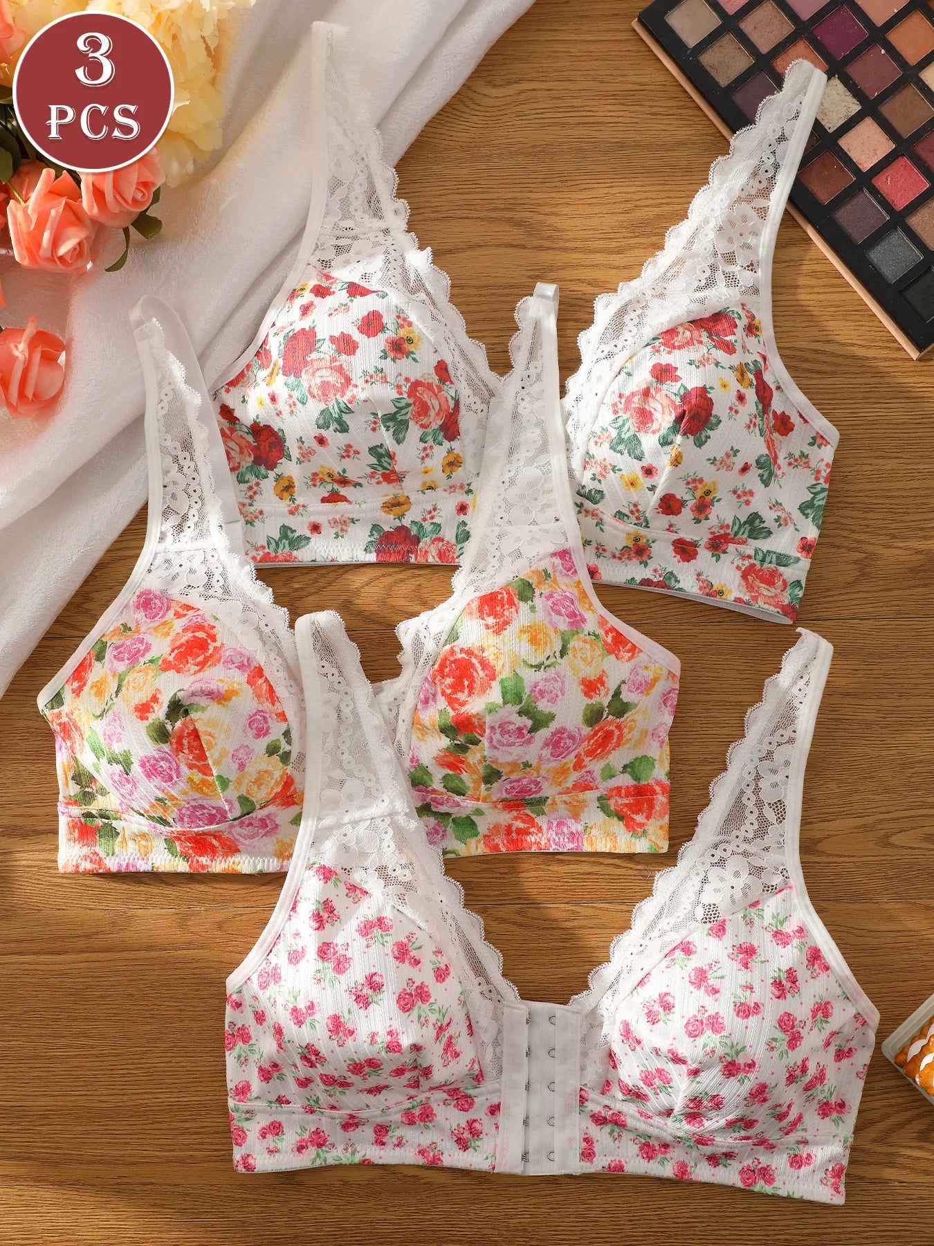 Three piece romantic and elegant floral printed lace bra with five rows of front buttons and adjustable shoulder straps