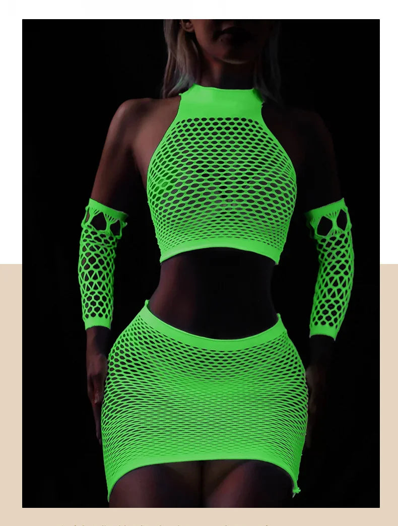 Sexy Hollow Out Luminous Bodysuit Sexy Lingerie See Through One-piece Luminous Suspenders Mesh Clothes Fishnet Socks Dress