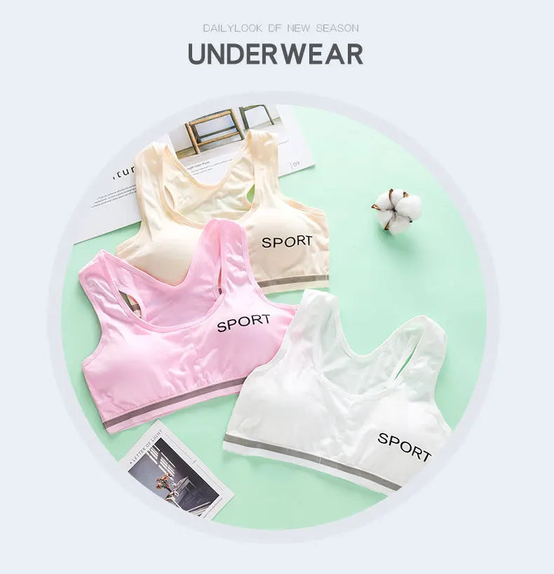 Adolescent Girl Sports Bra Breathable Lightweight Sponge Pad Wide Shoulder Strap Vest Solid Color Simple and Comfortable Bra