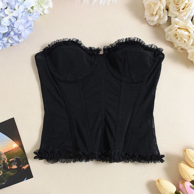 Women Sheer Lingerie Streetwear Lace-up Bustier Corset Tops Slim Backless y2k Tank Top Strapless Striped Sheath Sexy Camisole
