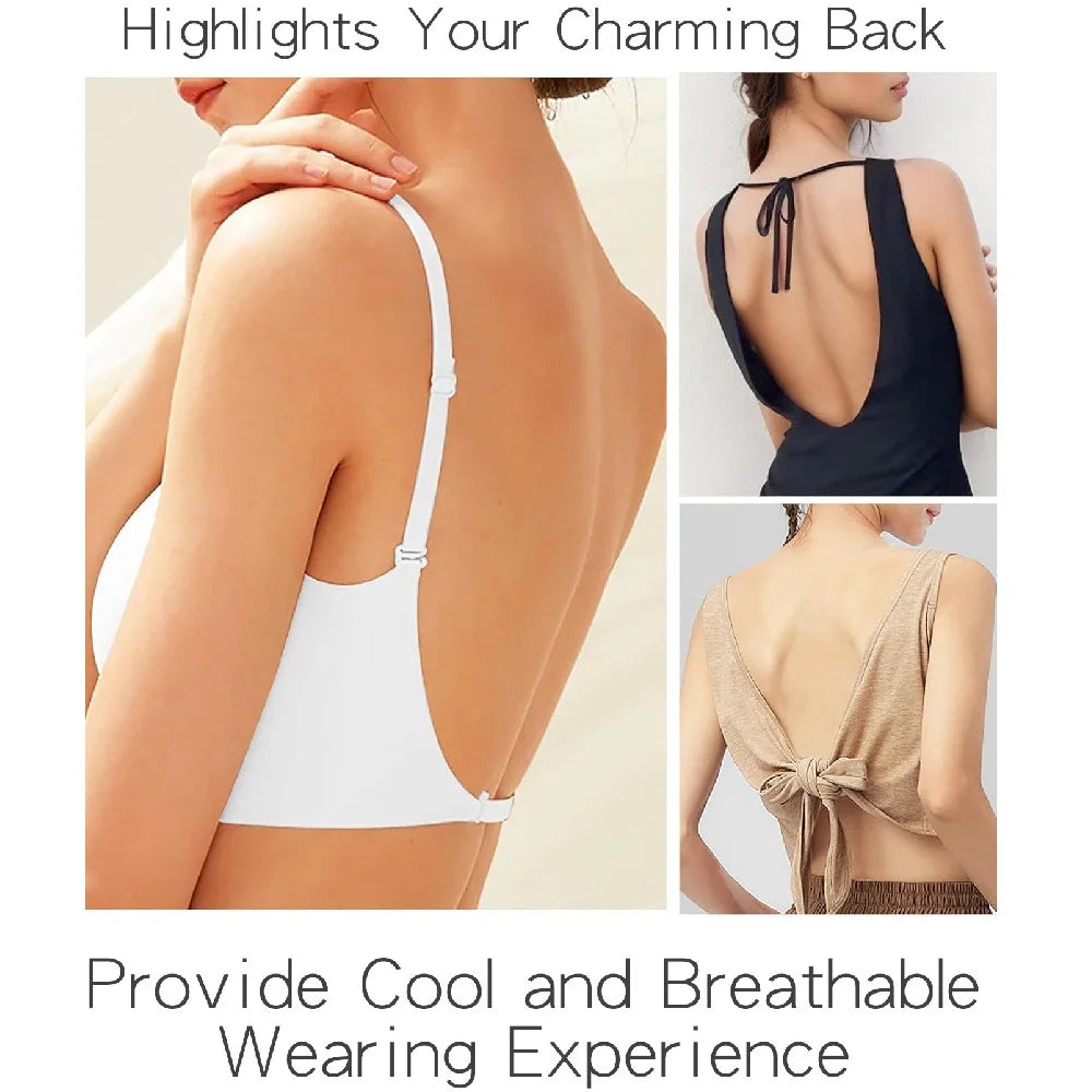 Women Invisible Bra Deep U Plunge Backless Bras Top for Dresses Removeable Padded Push Up Seamless Underwear Bra
