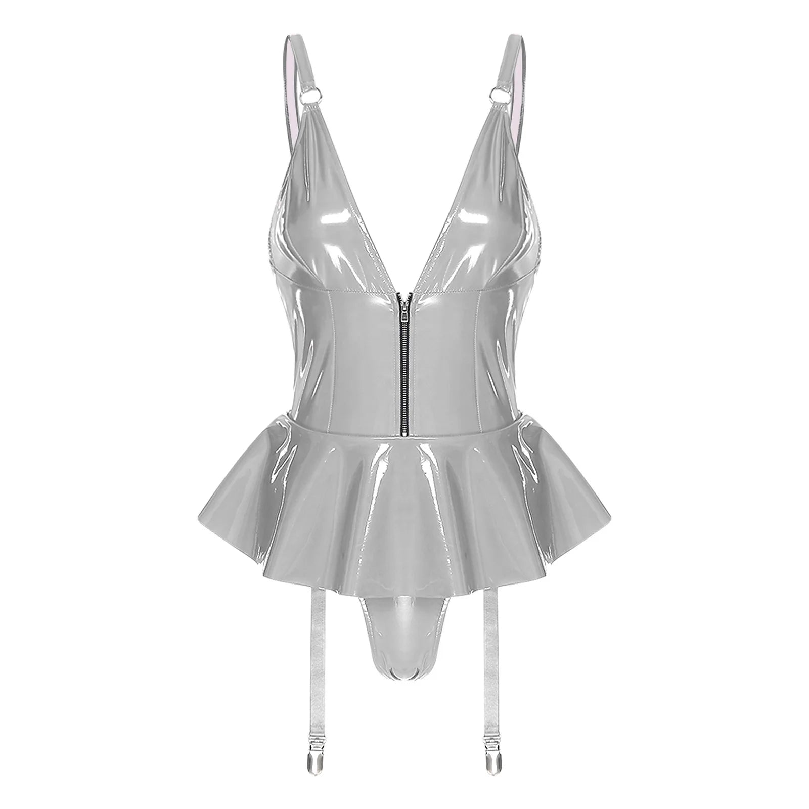 Womens Lingerie Latex Mini Dress Built-in Briefs Garters V Neck Front Zip Back Lace-up Bodysuit Glossy Sling Wetlook Clubwear