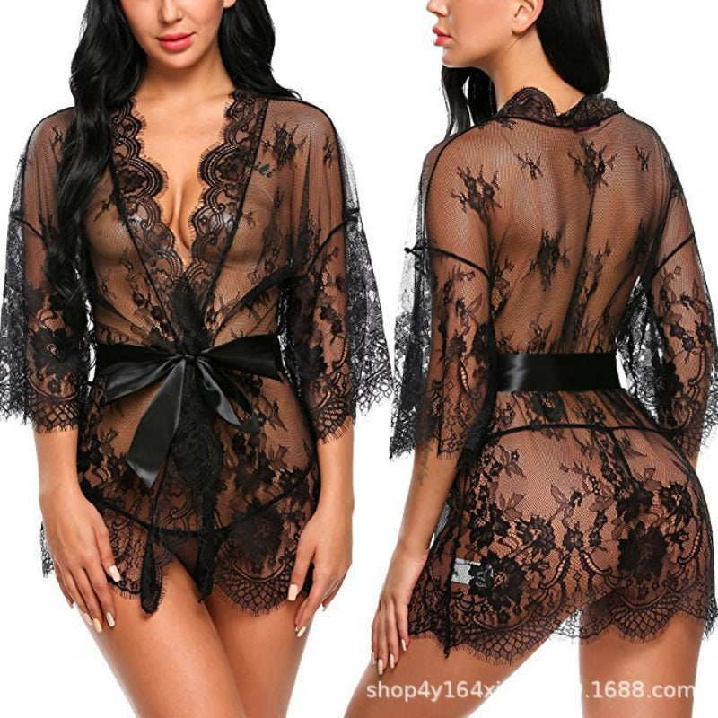 Plus Size Women Sexy Lingerie Robe  Porno Sleepwear Nightgown Lace See Through Dress Transparent Babydoll Erotic Nightwear Set