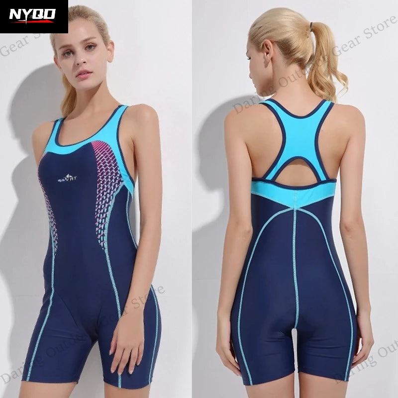 Women's One-Piece Racing Swimsuit, Athletic Quick-Dry Sleeveless Swimsuit with Shorts for Hot Spring & Diving