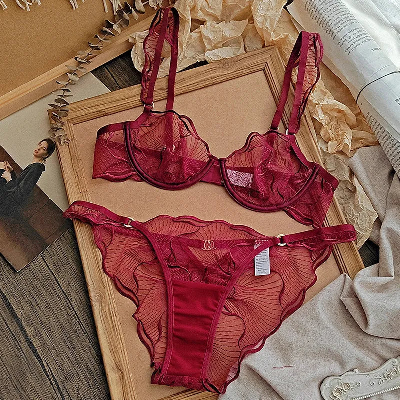Erotic Lingerie Sets Sheer Transparent Lace Bras for Women Sexy Embroidery Push Up Bra and Thong Matching Set  Underwear Women