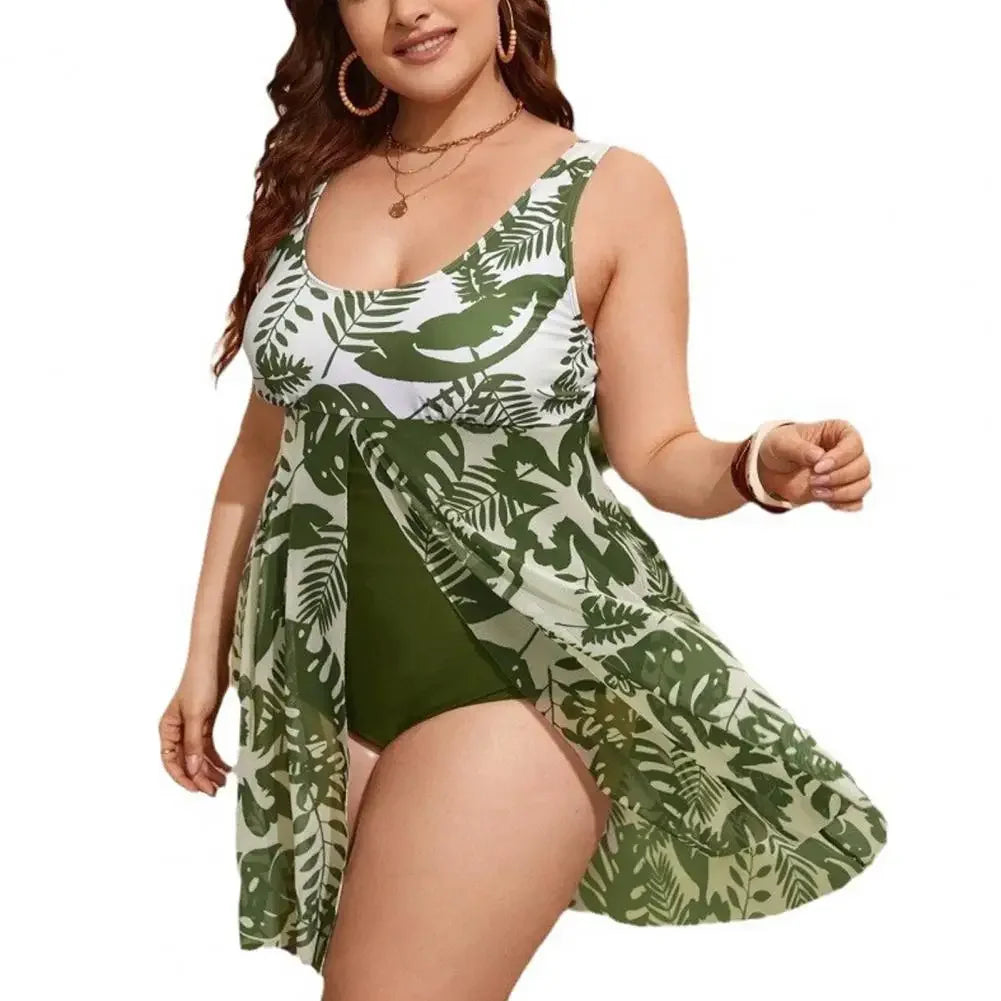 Plant Print Split Hem Monokini Flattering Plus Size One-piece Swimsuits for Women U-neck Summer Skirt Style Split Bathing Suit