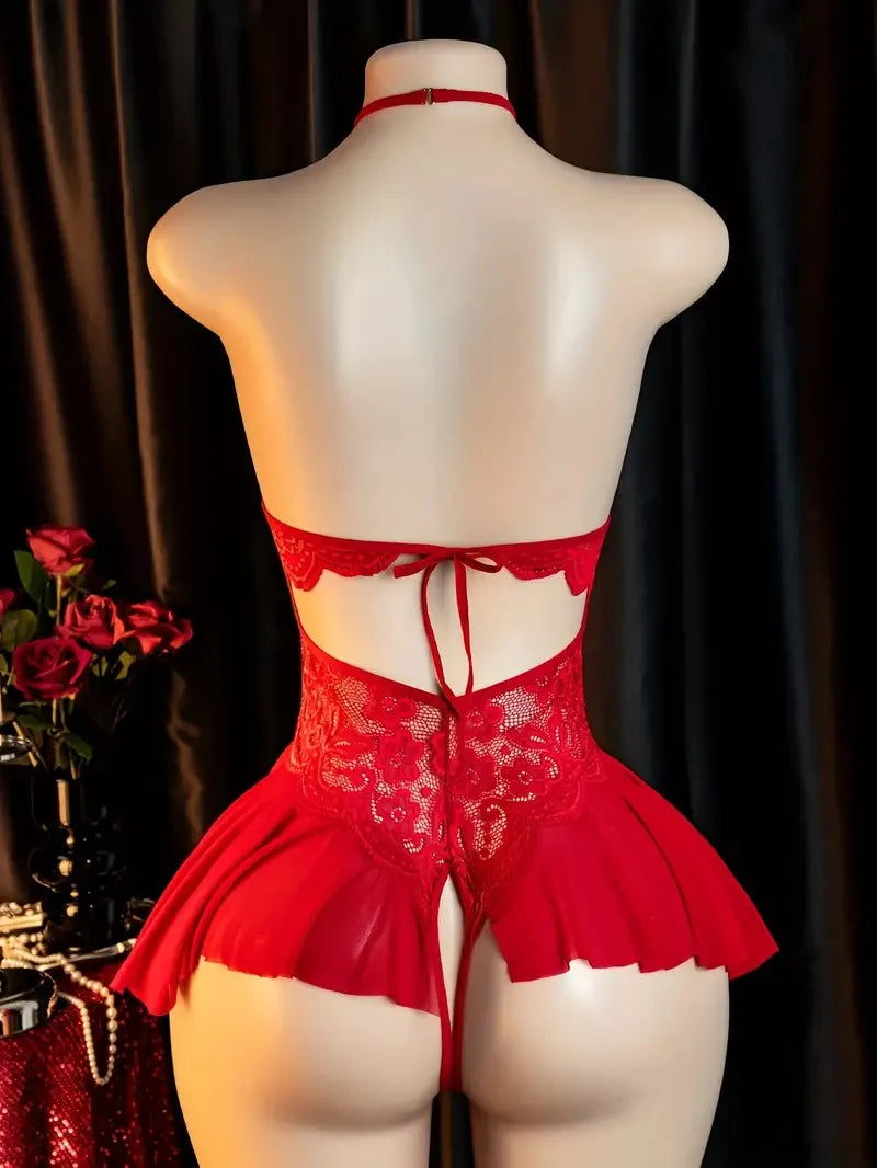 Red Hanging Neck Lingerie Adult Erotic Costume Deep V Bra Crotchless Woman Underwear Sex Night Open Dress Bodysuit Sexy Jumpsuit