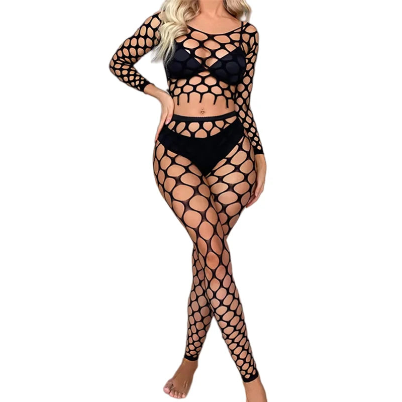 Women Sexy Lingerie Set Large Mesh Net Erotic Transparent Underwear Fish Net Bodystocking Exotic Costumes