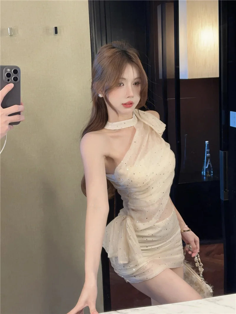 Sexy Sweet And Spicy Shoulder Bared Neckline Sleeveless Dress with Mesh See through Sparkling Sequin Splice Bodycon Short Skirt