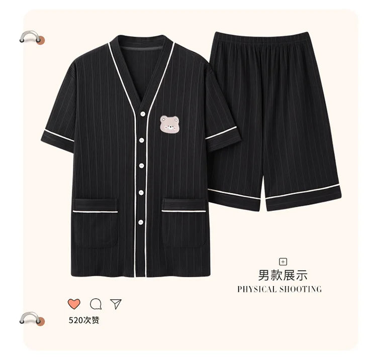 Summer Couple Pajamas Sets Cartoon Men Sleepwear Leisure Cotton Short Sleeve Women Kimono Homewear pijama Homme Mujer Dropship