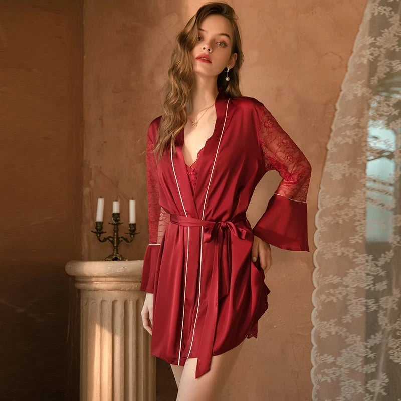 Women Sexy Lace Night Dress Sleepwear Robe Sets Lingerie Bridesmaid Gift Bathrobe Party Pajamas Nightgown Dressing Home Suit