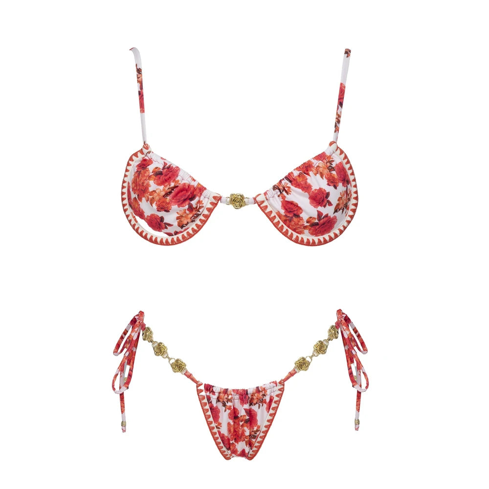 Sexy Patterned Bikini Top and Bottoms with Green Gemstones Perfect for Beach Wear and Pool Parties Summer Getaways Vacation Wear