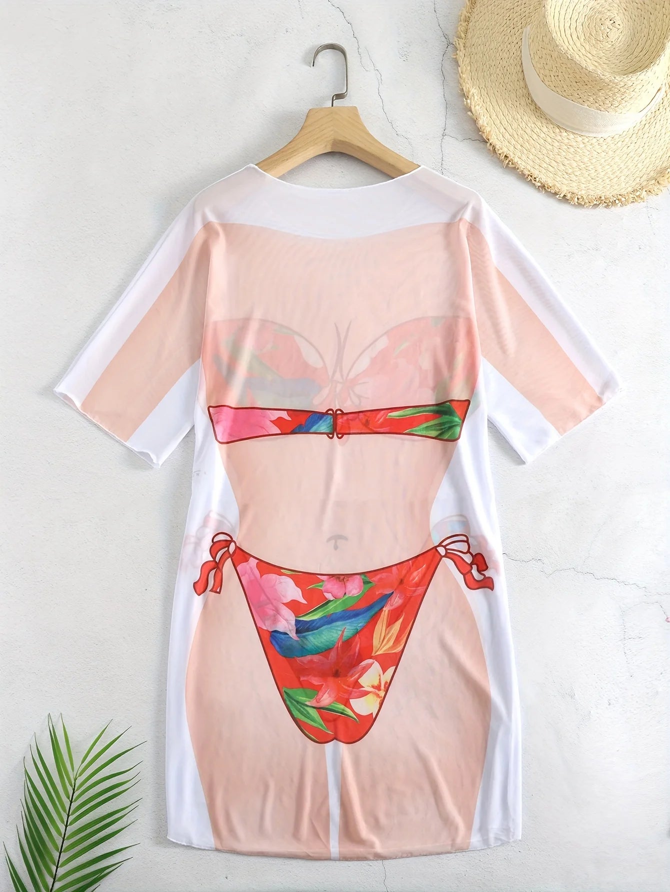 Bikini Cover-Up for Women, Hot Spring Resort Swimwear, Outer Cover-Up, Beachwear, Half-Sleeve Mesh Skirt, Red Floral Print