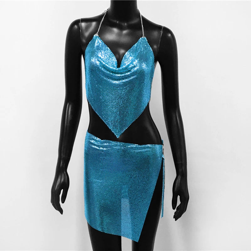 Sexy Metal Sequins 2 Piece Set Women Sleeveless Deep V Neck Backless Halter Tank Tops Split Mini Skirts Beach Party Outfits