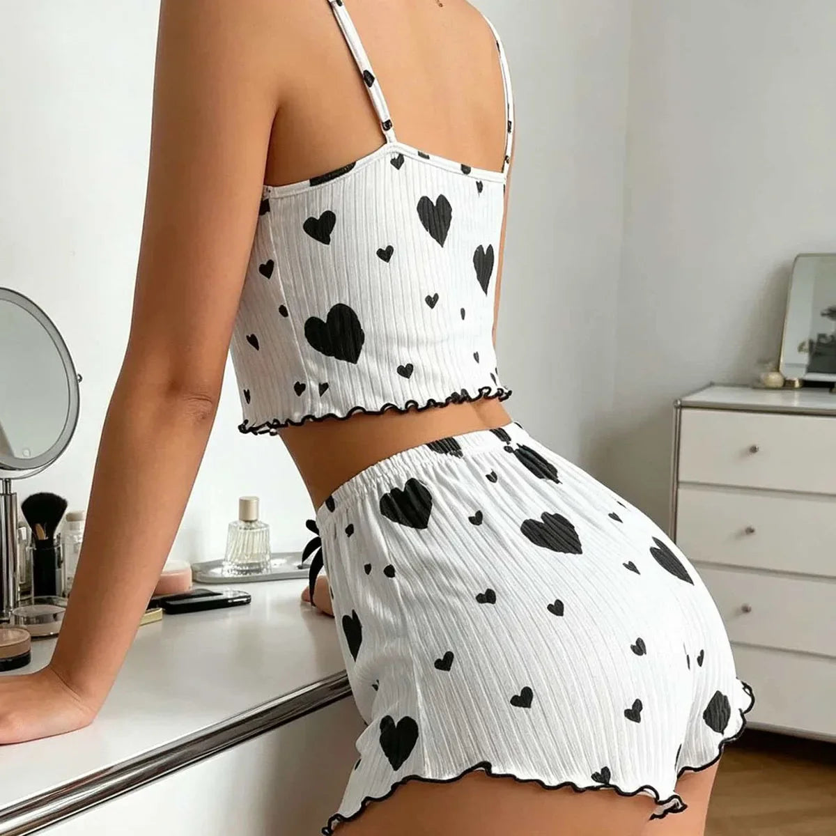 Women's Pajama Set Sexy Cute Kawaii Pajamas Women suspenders Sun-Tops Loungewear Set Shorts Y2K Lolita Heart Silk Sleepwear
