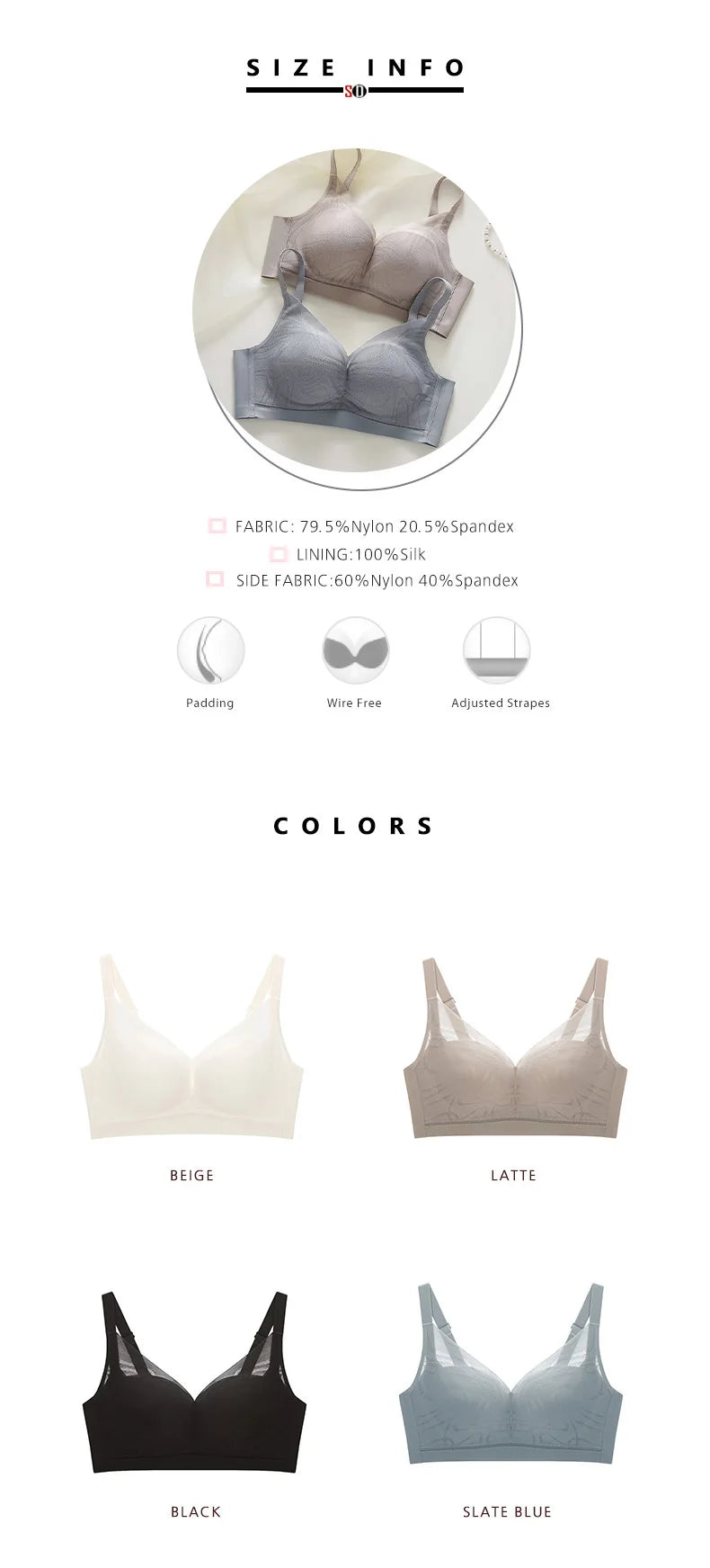 SuyaDream,Women Silk Bras, 100%Silk Lining, Wire Free, Lace Padded Bra, 2024 New Intimates, Black, Beige