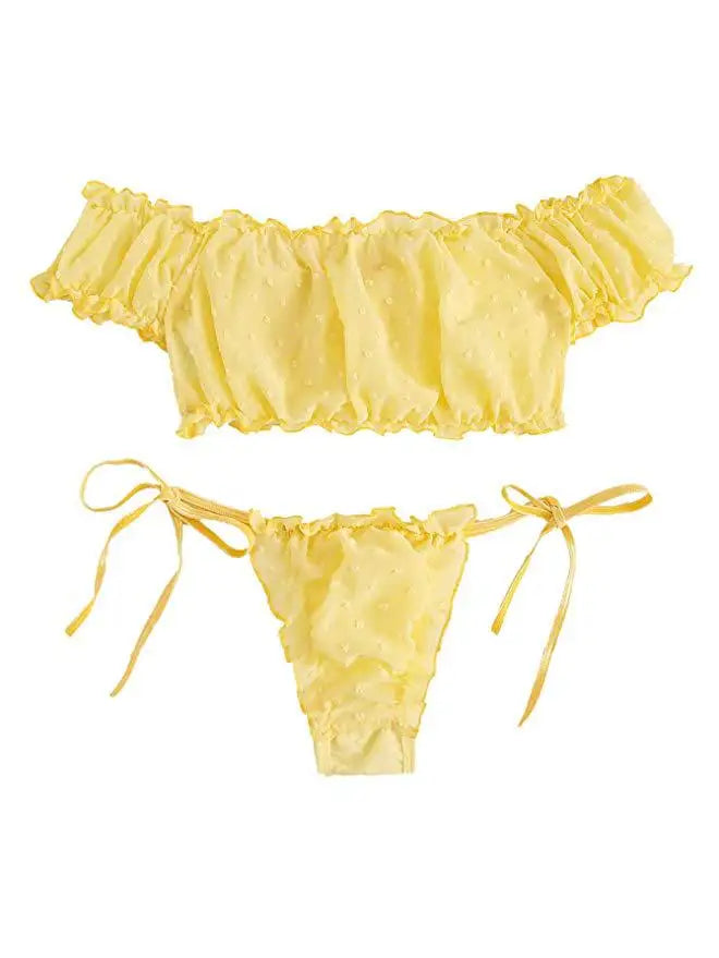 Women's Sexy Lingerie Set Mesh Lace Ruffle Cute Dot Transparent Bra and Panty Wireless Thong Bandage Exotic Sets