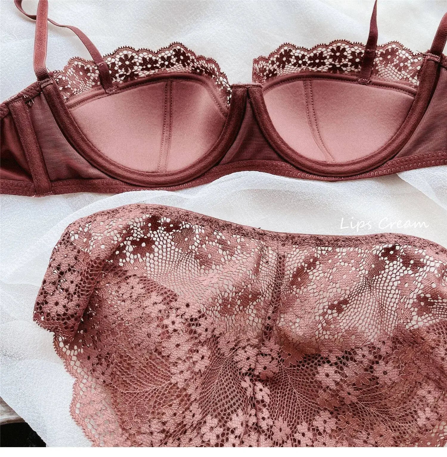 Elegant Sexy  Sheer Lace Balconette Minimizer Bra Set Underwire Push Up Anti-Sagging Side Support Bridal Lingerie for Big Bust