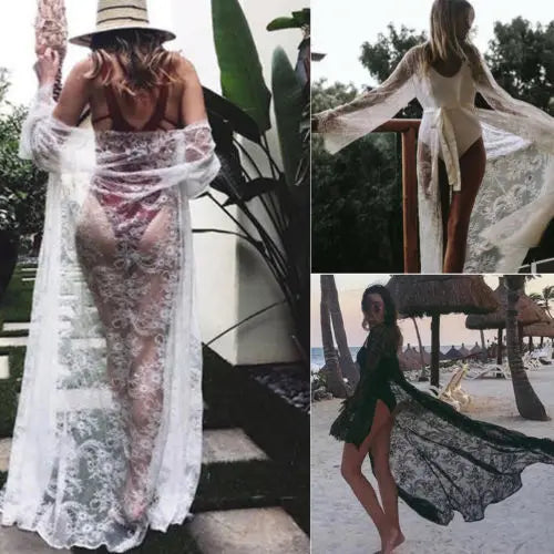 Women Sexy Lace Mesh Night Dress Hollow See-Through Long Robes Beach Cover-ups Cardigan Lingerie Sleepwear Nightwear Sleep Dress